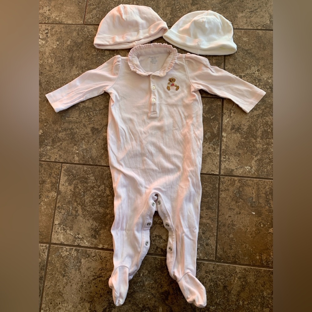 Ralph Lauren pale pink baby pajamas and hats